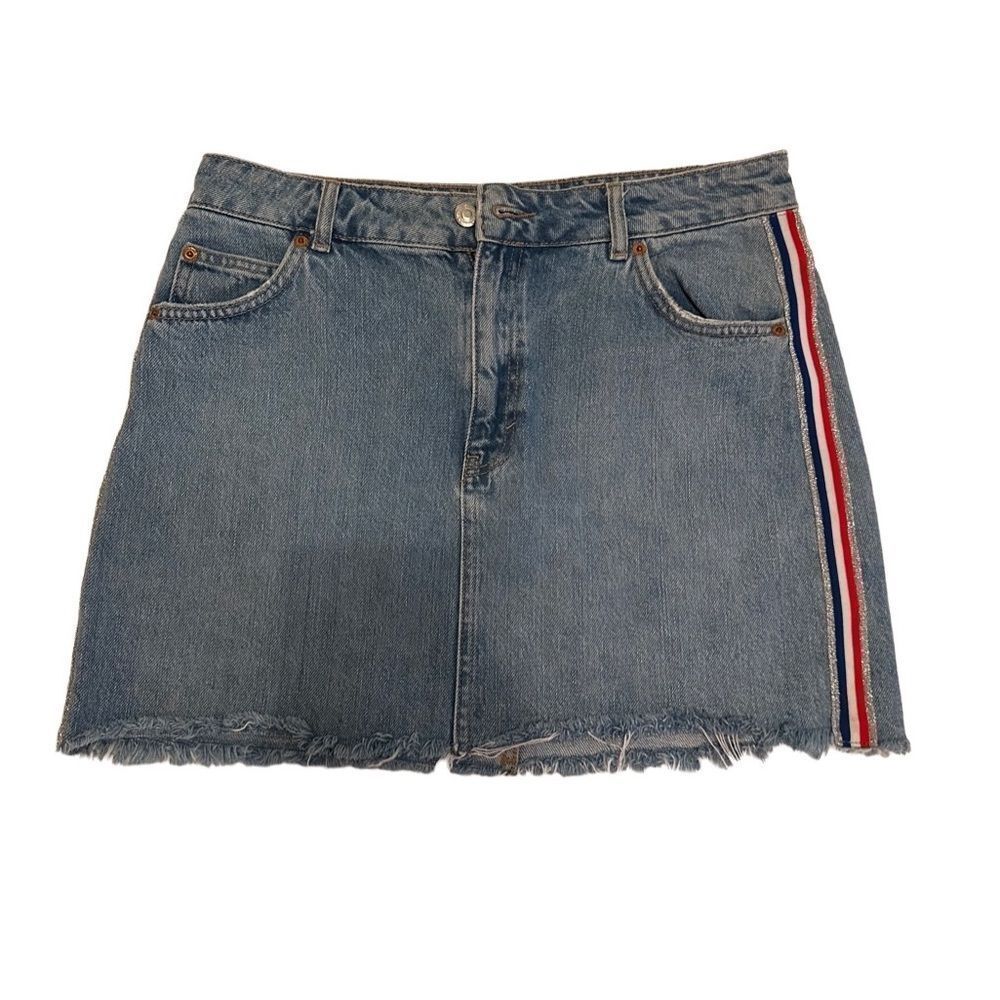 NWOT Topshop Moto Red White Blue & Sparkle Glitter Size Strip Skirt Size 8 - Picture 4 of 15